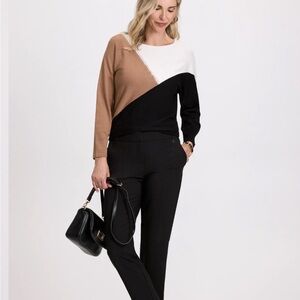 Laura Rhinestone Trim Knit Top Thin Sweater Black Tan White